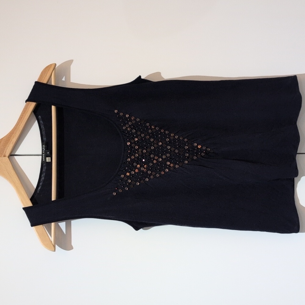 Anne Klein Navy Silk, Smocked Sequin Beaded Sleeveless Top with Bronze Accents S
